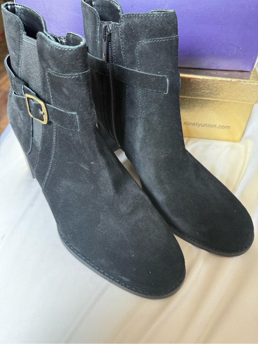 Vionic Black Suede Ankle Boots with Buckle Accent